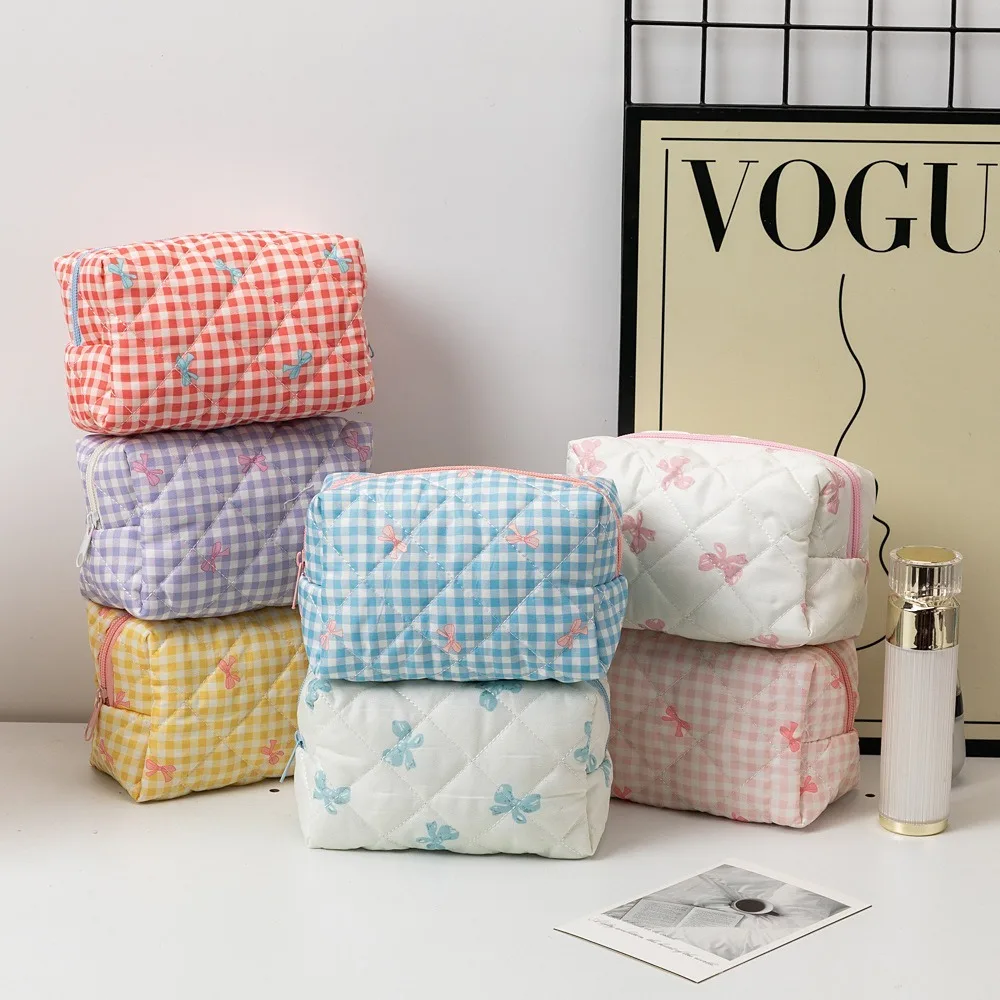 Women's Cosmetic Bags Bow Quilting Cotton Makeup Bag Women Zipper Cosmetic Organizer Portable Toiletry Handbag 4