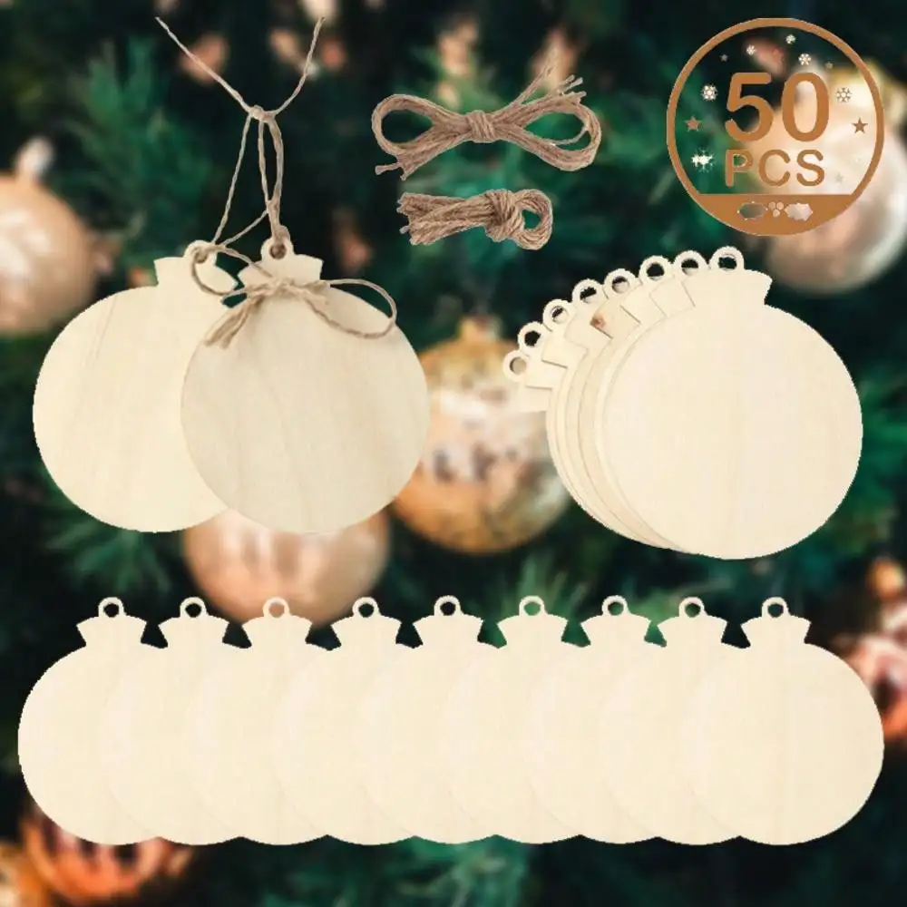 50 Stück leere Weihnachtsschmuck aus Holz, unvollendete Flitter – geformte Holzscheiben mit Jute-Saiten, DIY-Weihnachtsbaum-Dekor-Bastelarbeiten