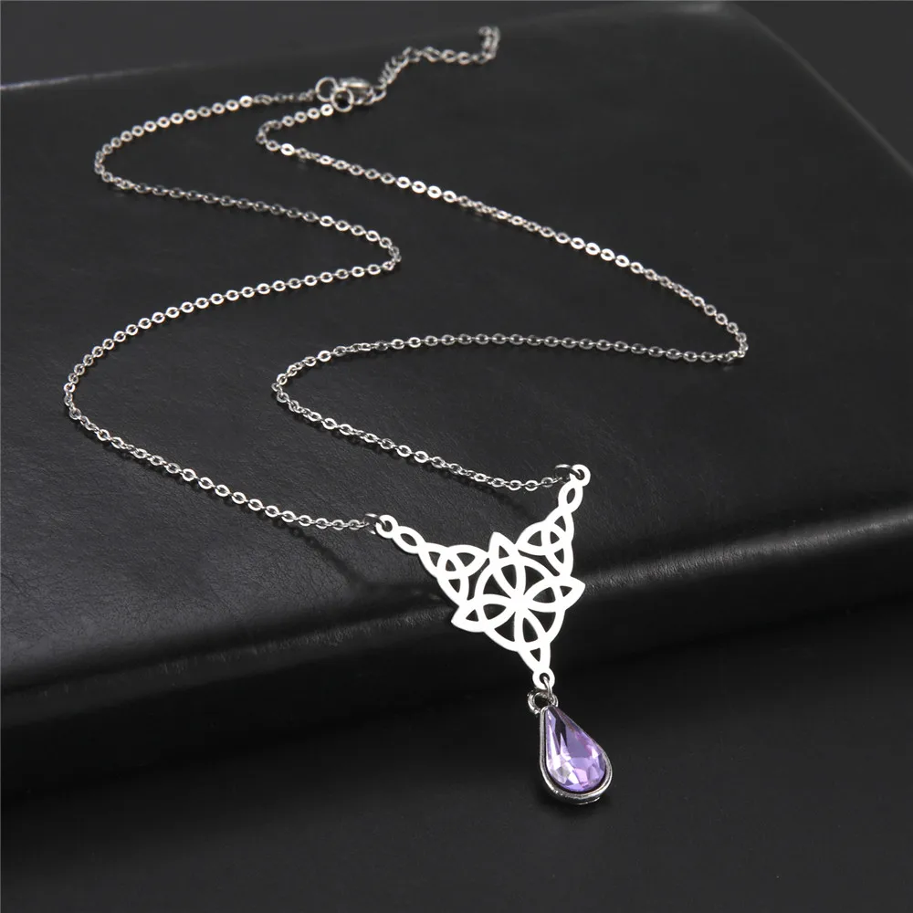 Skyrim Triquetra Irish Knot Wicca Pendant Necklace Crystal Water Drop Neck Chain Choker Women Stainless Steel Witch Knot Jewelry