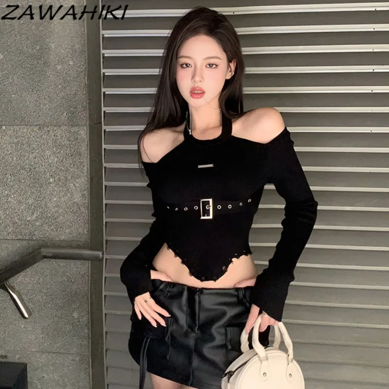 

Футболка женская однотонная с открытыми плечами и лямкой на шее, Y2K