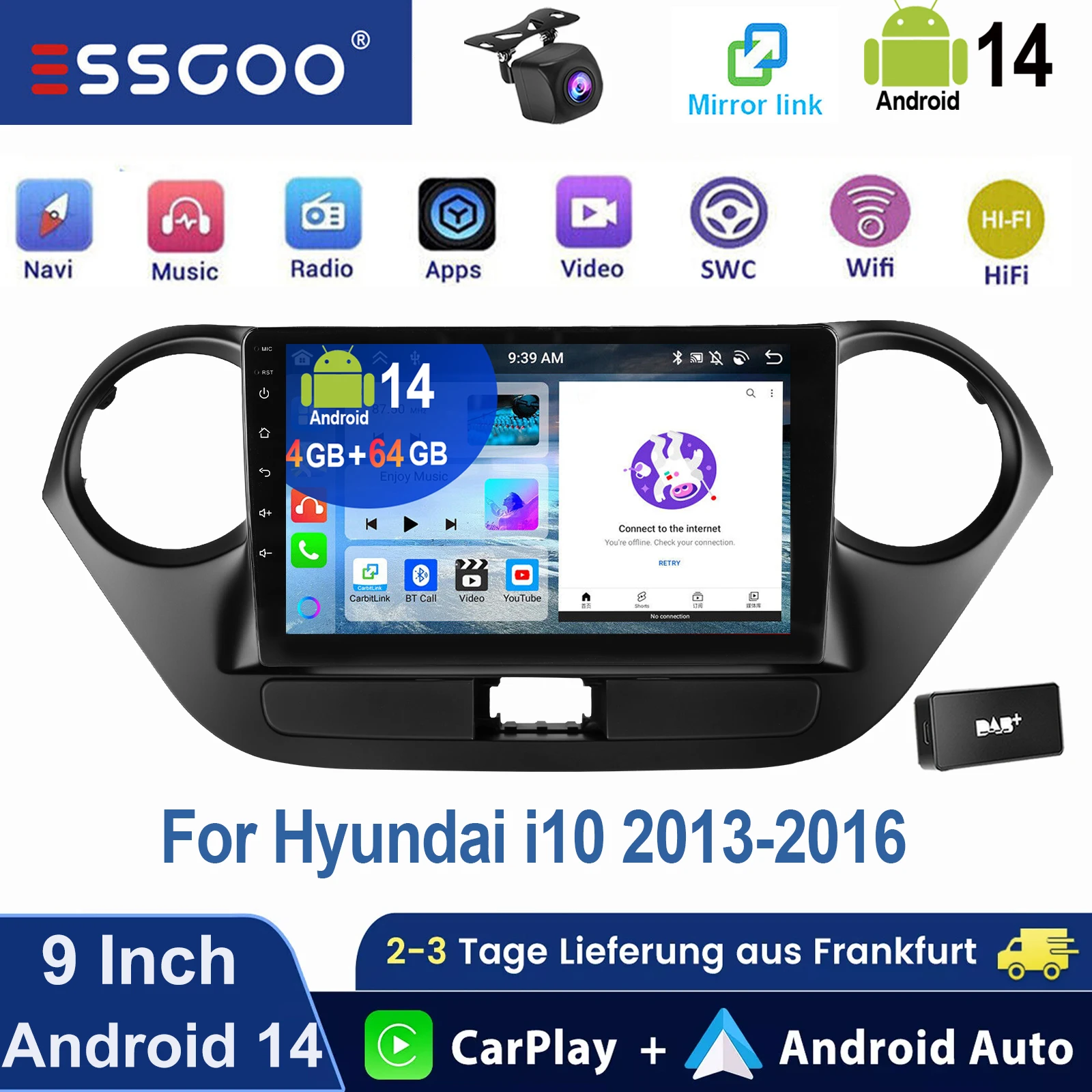ESSGOO Kabelloses Carplay Android Auto 9" Double DIN HD Touchscreen GPS-Navigation Lenkradsteuerung WIFI Bluetooth FM Mirror Link Autoradio für Hyundai i10 2013-2016 RDS Split-Screen Multimedia-Videoplayer
