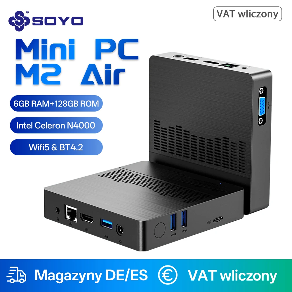 SOYO Mini PC M2 Air, Intel N4000 CPU Processor Windows 11 LPDDR4 6GB RAM 128GB ROM Dual Band WiFi HDMI VGA Portable MINIPC BT4.2