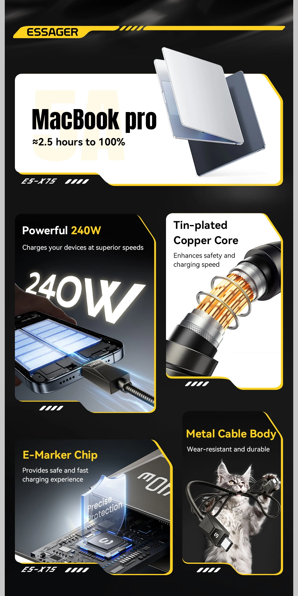 240W Super Fast Charge Type-C Cable 100W Fast Charging Stainless Stee Data Wire