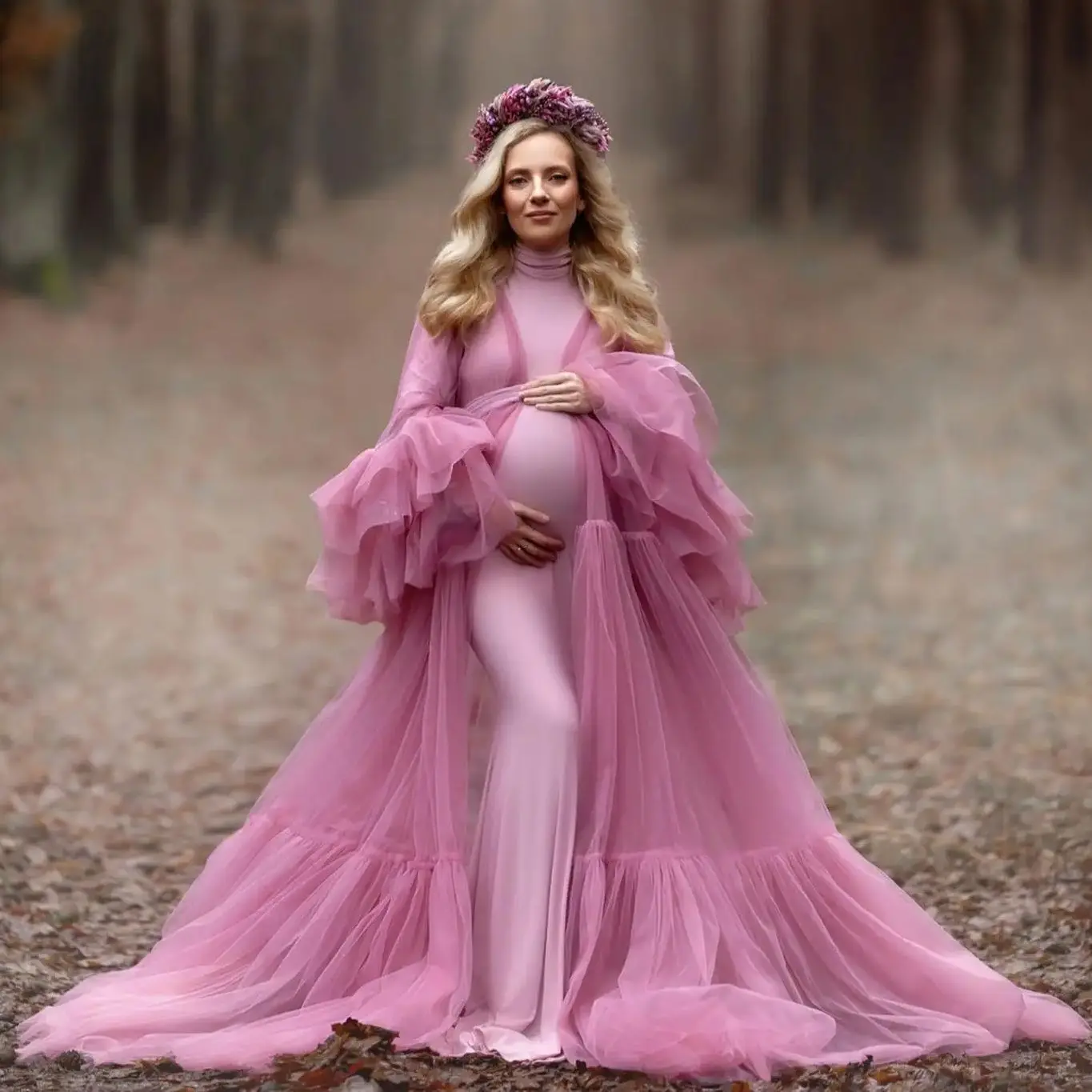 

Pink Tulle Maternity Dress for Women High Neck Full Sleeves Gala Gowns Simple Ruched Vestidos For Babyshower Photoshoot