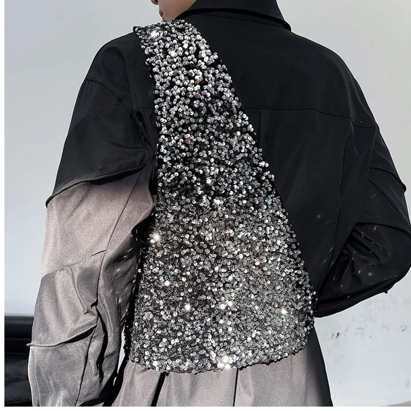 Men Sequin Vests Sloping Shoulder Irregular One Button Shiny Waistcoats Party Nightclub Men's Singer Stage Fashion Vests