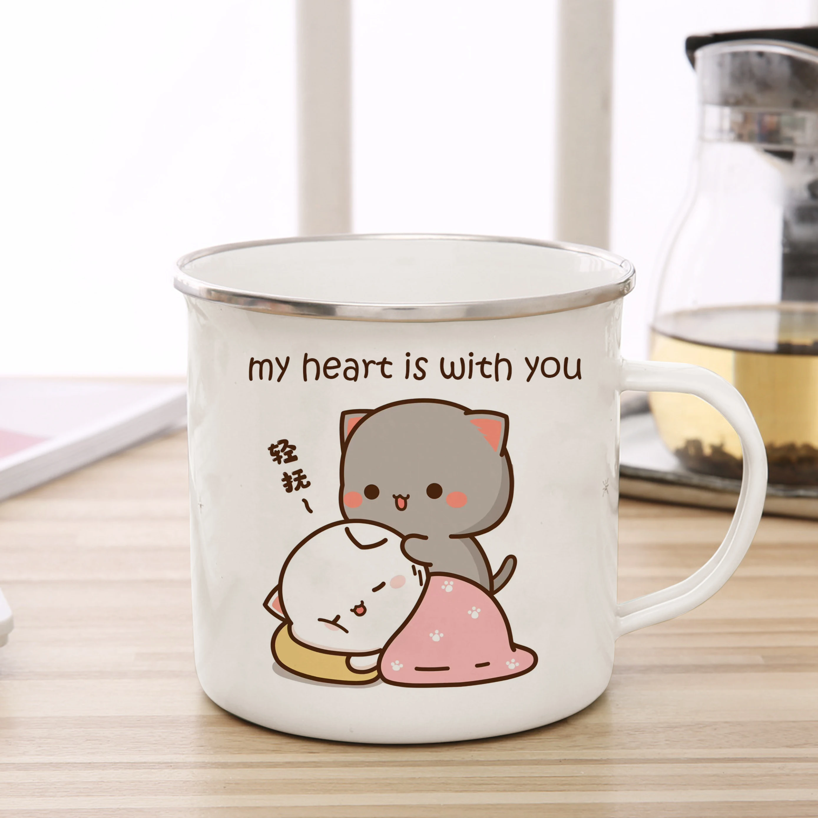 New Peach and Goma cat Enamel cup Coffee tea Mug cute animal Breakfast Dessert milk water cup couple gift