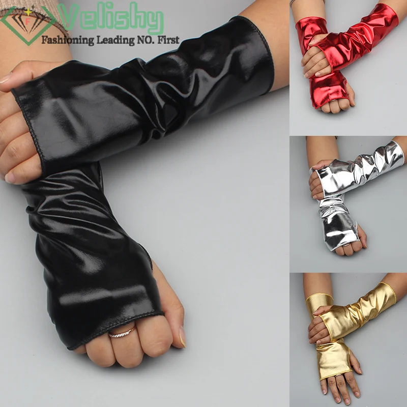

Модные перчатки без пальцев в стиле хип-хоп, блестящие кожаные перчатки для женщин и мужчин, Короткие ранние перчатки в стиле панк для маскарада