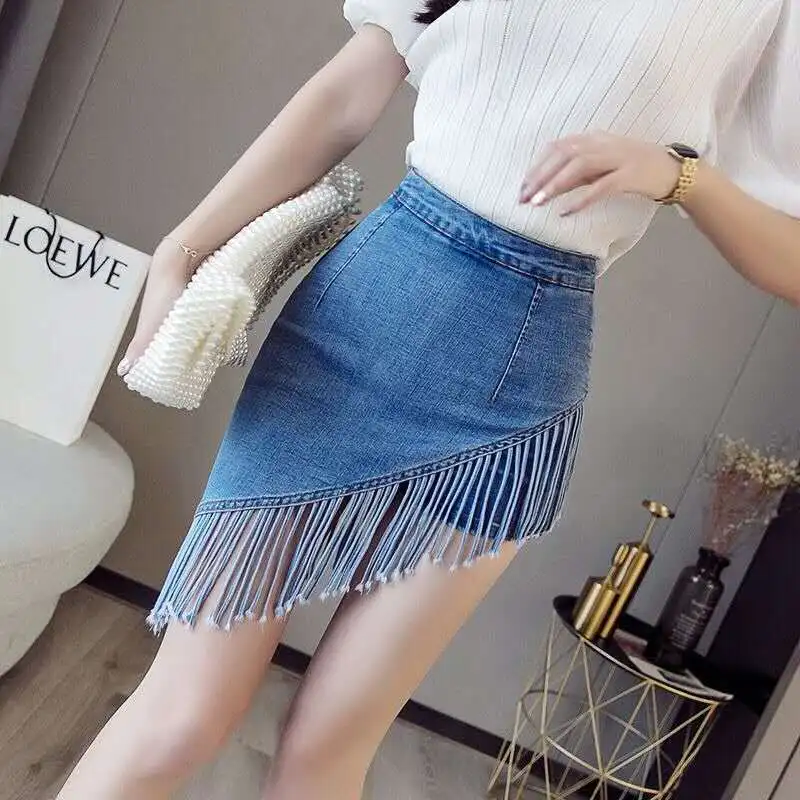 

Mini Denim Skirt Women Shorts Sexy Oblique Hem Tassel Summer 2023 Korean Fashion Style Wrap Pencil Jeans Skort NightClub Outfit