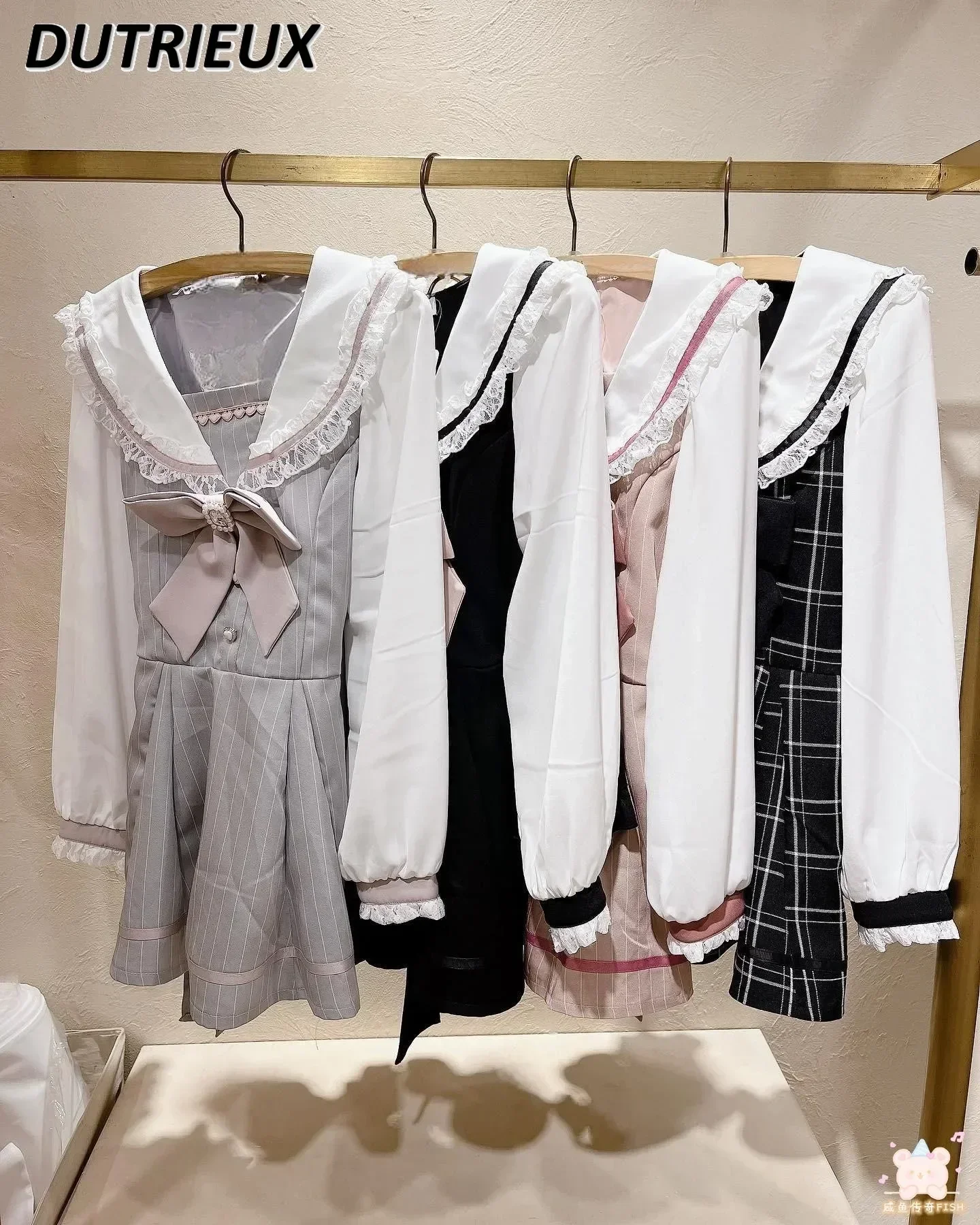 Japanese Style Women's Outfits Sailor Collar Plaid Rhinestone Bow Dress Shorts Set Sweet Lolita Mine Series Dress Two-Piece Suit 5