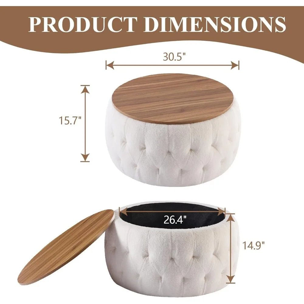 Round Storage Ottoman with Wooden Lid, Tufted Teddy Fabric Circle Ottoman Footrest Stool Bench Coffee Table for Living Room 6