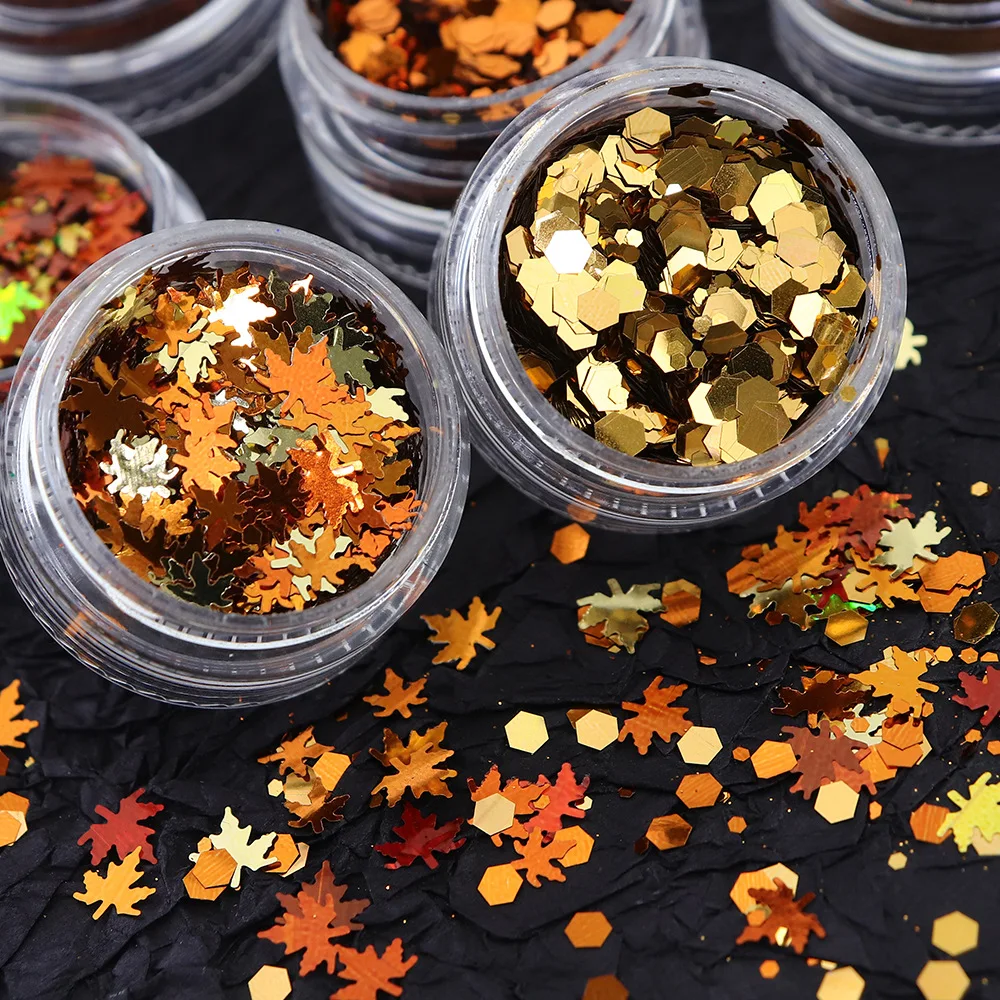 6Boxes/Set Yellow Fall Maple Glitter Sequins Shiny Autumn Leaves Paillettes Flakes Winter Furry Sugar Powder Nail Art Deco images - 6