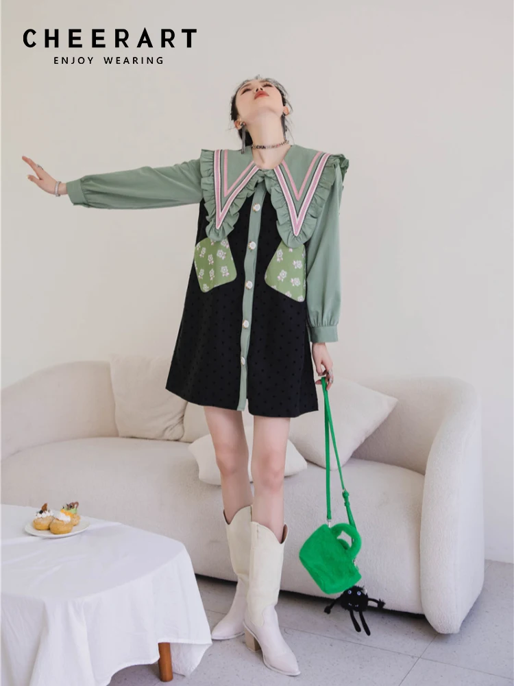 

CHEERART Sailor Collar Ruffles Korean Fashion Long Sleeve Shirt Dress Women Green Designer Kawaii Cute Mini Button Dress Fall