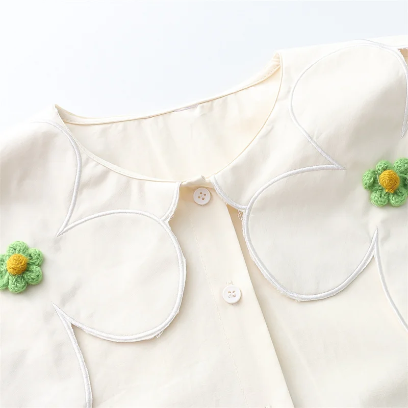 Verão Coreano Moda Camisa Branca Mulheres Floral Peter Pan Collar Blusa Botão Vintage para Baixo Sopro Manga Curta Oversize Pink Tops 5 Computers e Electronics