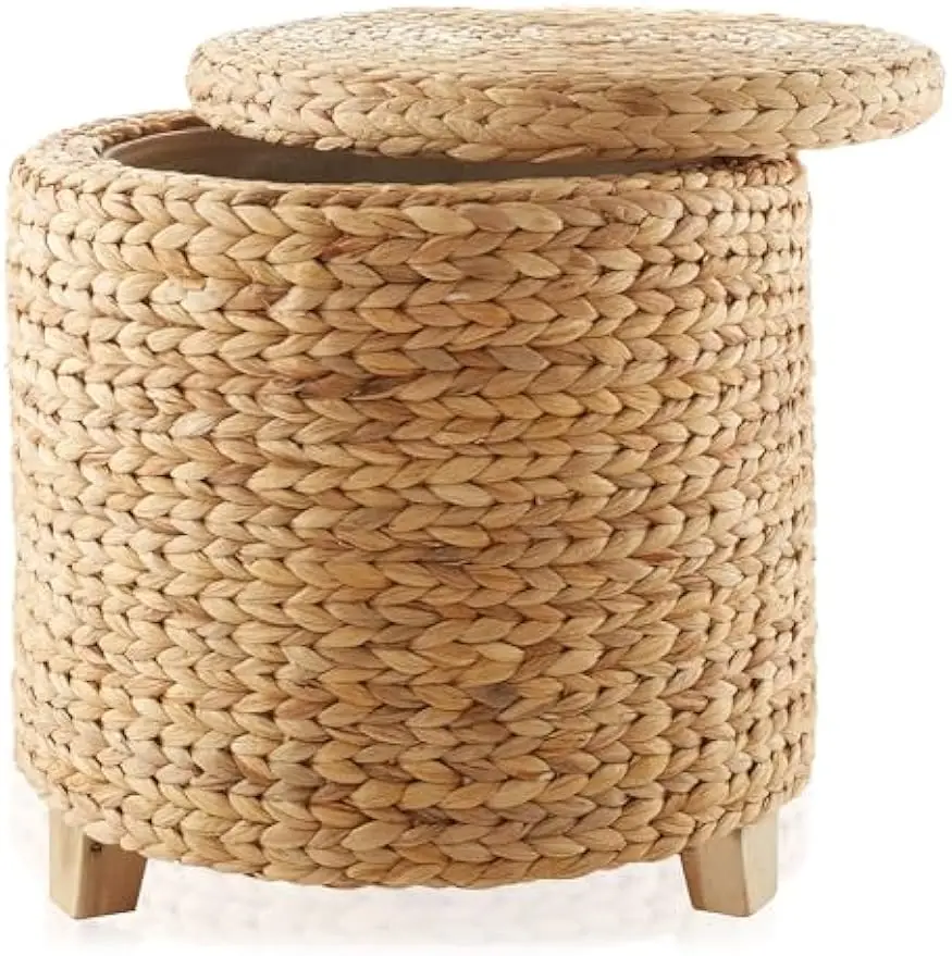 17" Round Storage Ottoman with Lid - Natural, Handwoven Water Hyacinth Footstool for Living Room, Bedroom, Bathroom, Home Office
