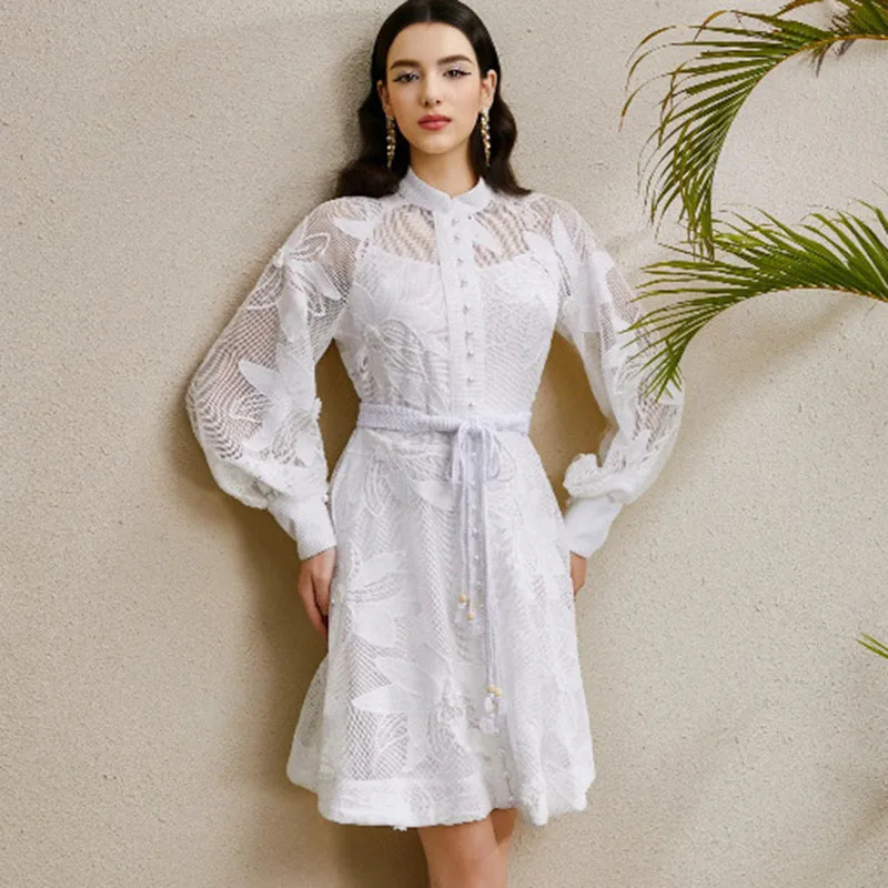 Elegante mini abito monopetto con cintura Donna 2025 Nuova primavera Lanterna di lusso Manica lunga Abiti ricamati Abiti bianchi - Image 2