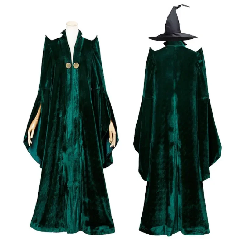 Movie Professor Mileva McGonagall Cosplay Costume Adult Women Green Cloak Witch Hat Suit Halloween Party Outfit