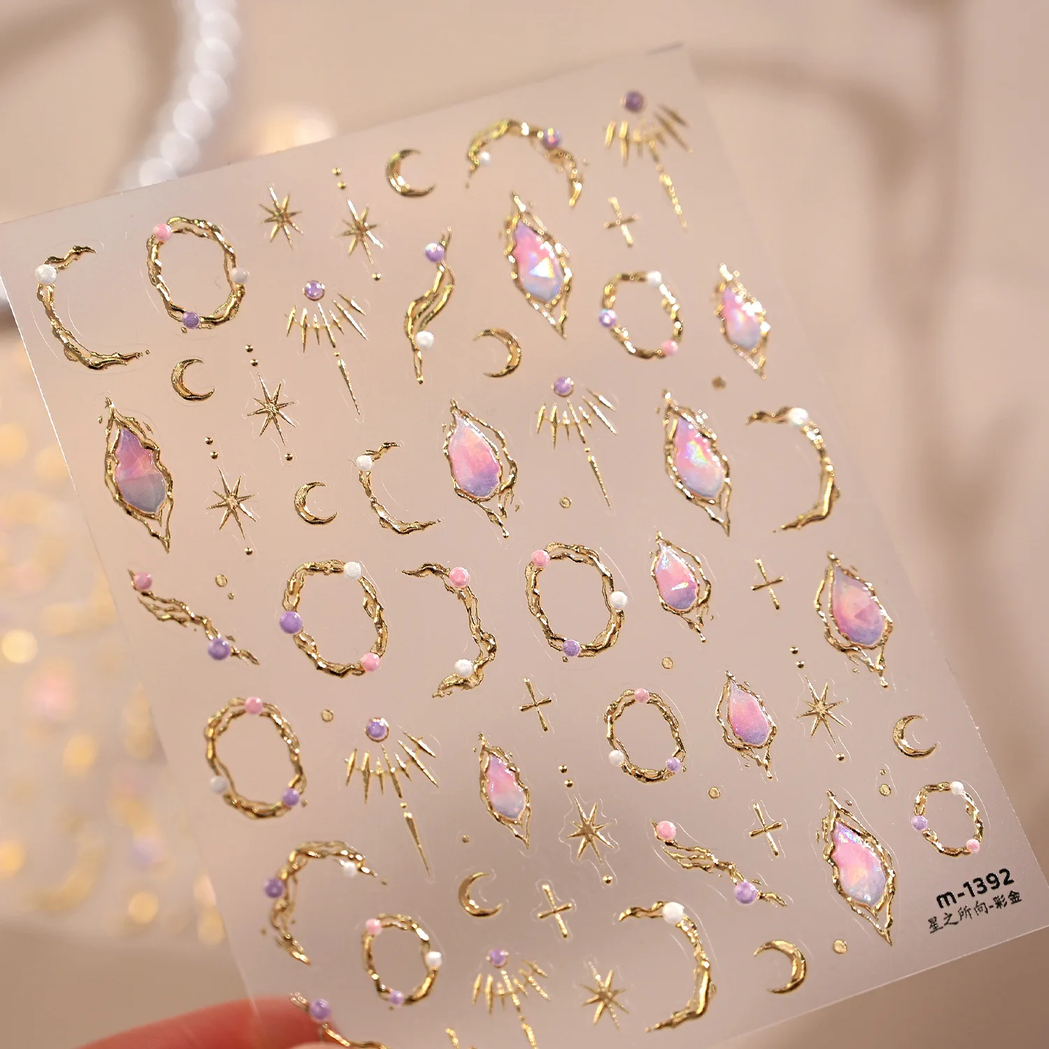 Lila Rosa Herz 5D Nagelkunst-Aufkleber Goldrand Kirschblüte Stern Achteckiger Stern Perle Schleife Edelstein Selbstklebende Nagelsticker DIY – Detail 27