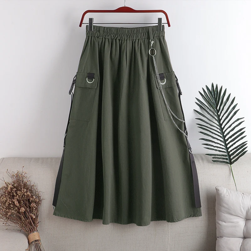 

Womens Decorated Flared A-Line Skirt With Belt Pockets Knee Length Vintage Skirts