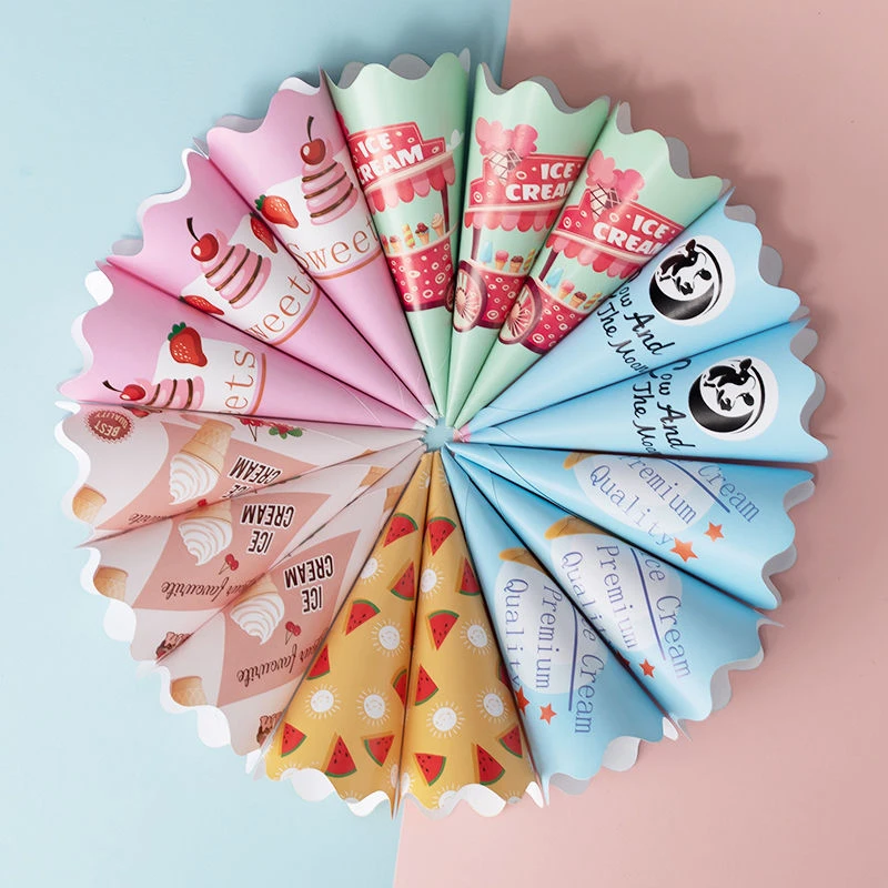 

100pcs Disposable Cones Tray DIY Ice Cream Cone Holder Printing Paper Cover Sleeve Home Truck Summer Beach Party Supplies