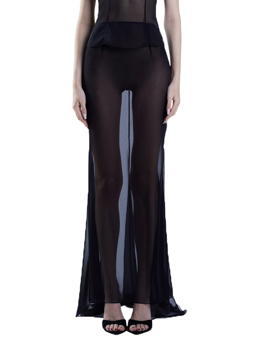 

Women's Sheer Mesh Long Skirts, High Waist See-through Solid Color Zip Up Floor Length Fishtail Skirts