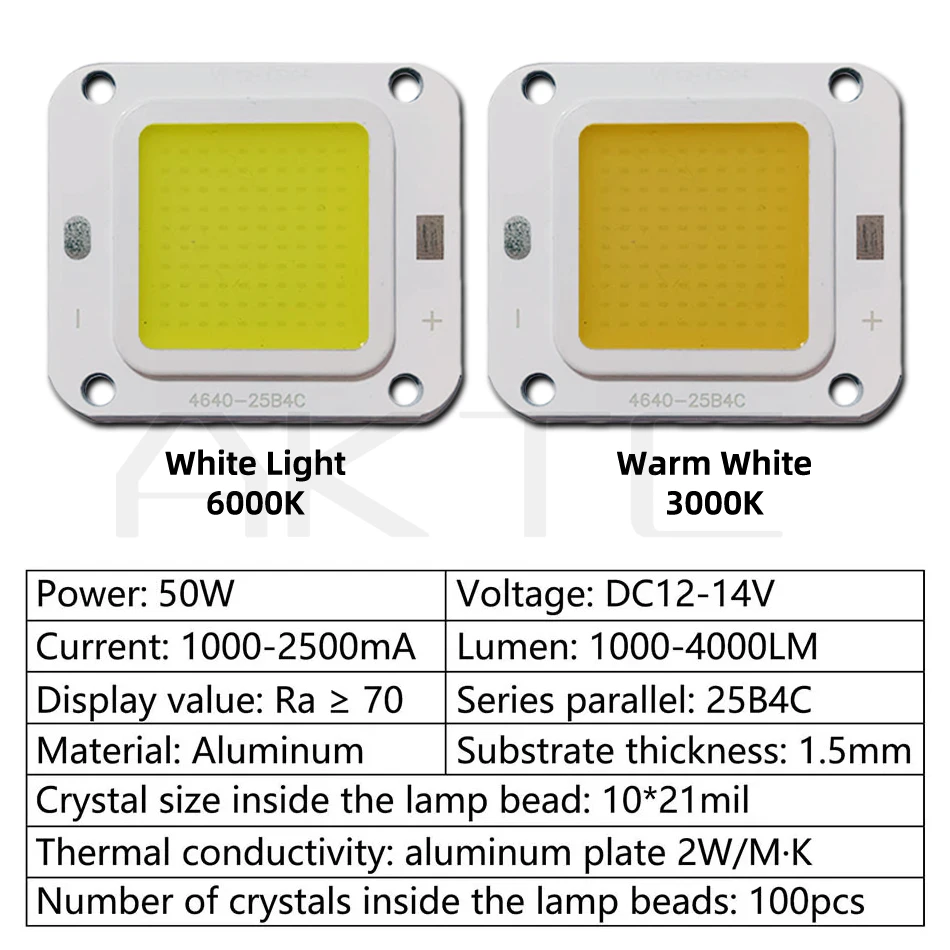 고밝도 역전 COB LED 칩, 12V DC 저전압 50W 조명용 알루미늄 판 광원, 온난 흰색 3000K/흰색 빛 6500K, 12V 배터리 직접 전원 공급 지원