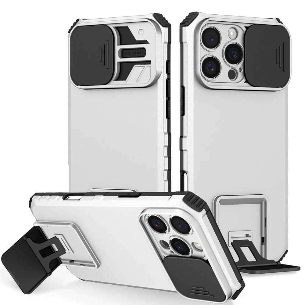 Slide Camera Protection Armor Phone Case - Durable Hard Cover with Plastic Holder