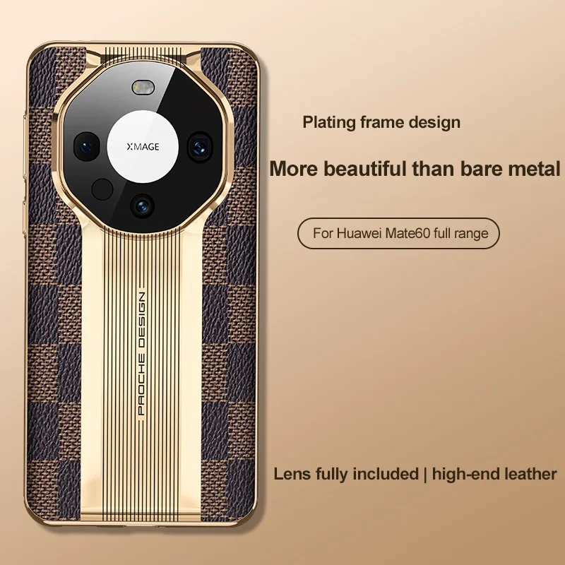 Luxury Checked Leather Phone Case For Huawei Mate 60 Pro 50 Pro 40 Pro 30 Pro Shockproof Protective Cover Lens Glass Film