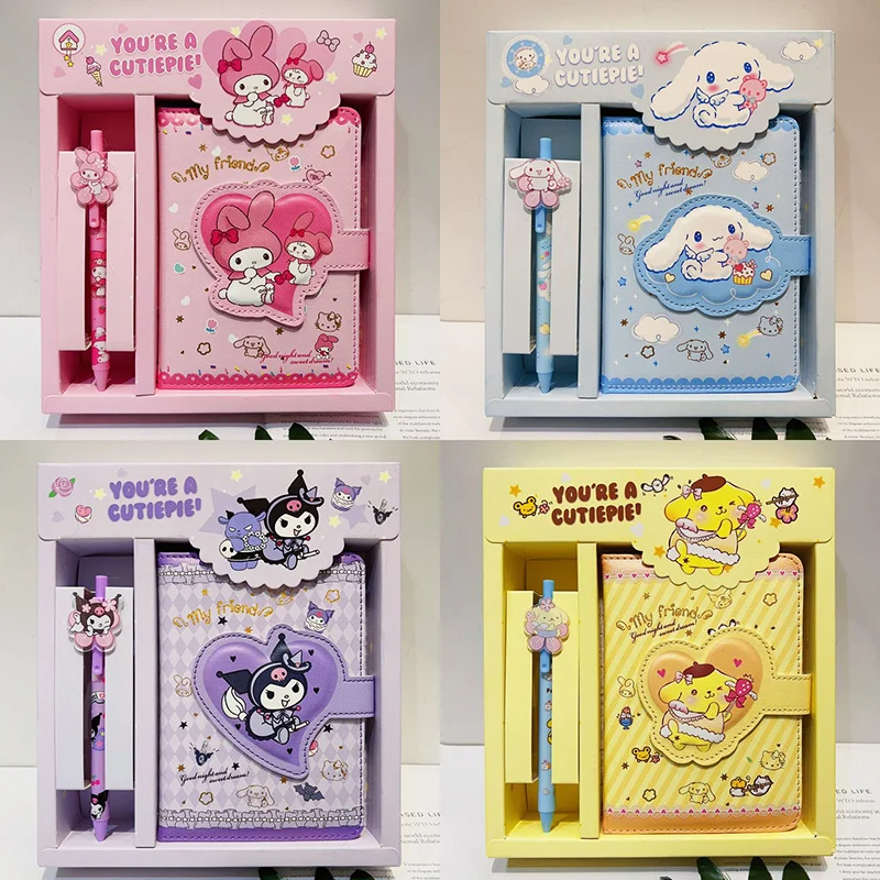 

Kawaii Sanrio Notebook Anime HelloKitty Kuromi Cinnamoroll Students Hand Account Diary Children Magnetic Buckle Notepad Gift Box