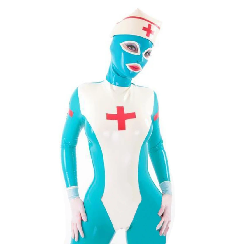 Natural Latex Rubber Nurse Cosplay Catsuit Uniform Bodysuit with Mask Cap Handmade S-LU018
