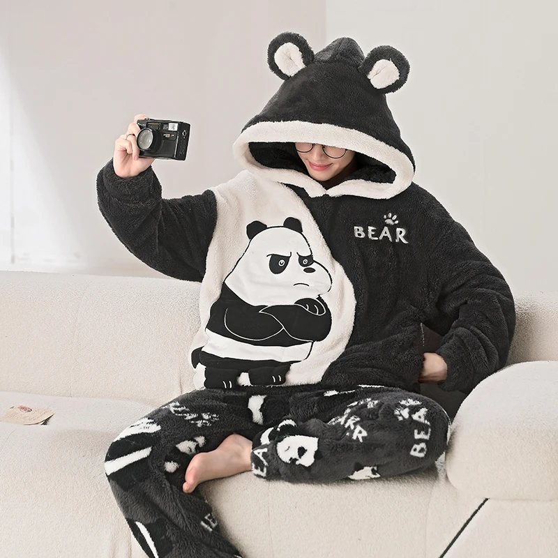 

Winter Men Pijama Sets 2PCS Adult Korean Hooded Sleepwear Pyjama Male Loungewear Cartoon Panda Thicken Soft Warm Pajama