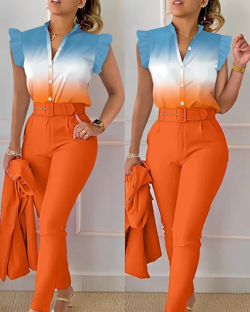 Summer Fashion Print 2 Piece Set Women Casual Button Flying Sleeve Shirt Pants Suits Female V-Neck Top High Waist Pants Outifits