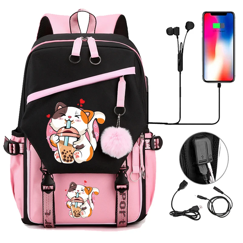 

Teenager Bookbag for Girls School Girls School Bag Nylon Black Students Backpack Bubble Tea Funny Cat Bagpacks Laptop Mochila