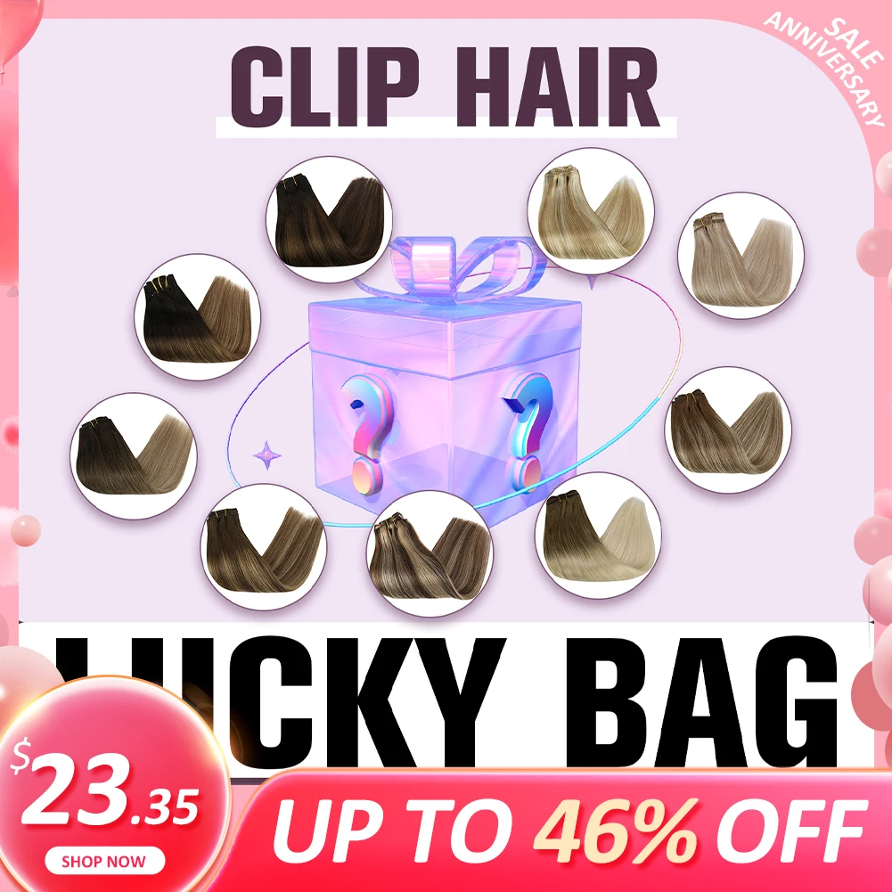 

VeSunny Lucky Bag Clip in Human Hair Extensions Pure and Balayage Color Random Color Seamless Extensions for Women