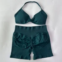 Ensemble de yoga sans couture froncé pour femme, 2 pièces : soutien-gorge de sport à bretelles et short de gym, tenue de fitness halter pour l'entraînement, vêtements de sport 3