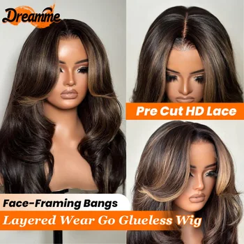 Parrucche Glueless 7x5 HD in Capelli Umani con Pizzo, Marrone con Mèches, Pizzo Pre-Tagliato, Pronte da Indossare, Parrucche Glueless 4x4 5x5 per Donna, Capelli Vergini