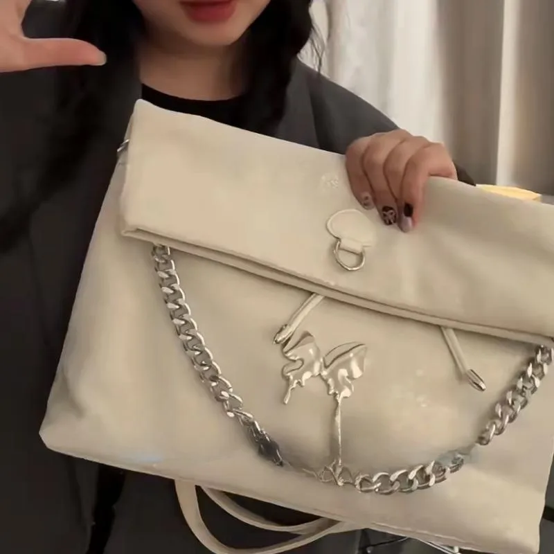 Fashion Butterfly Patch Chain Tote Bag Women Leather Large Capacity Backpack Ladies Multipurpose Foldable Durable Crossbody Bag