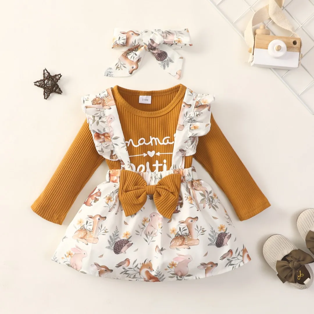 Toddler Baby Girls Clothes Set Summer Cartoon Print Short Sleeve Romper Cute Strap Dress Infant Fashion Clothes Suit Baby Clothing Set medium