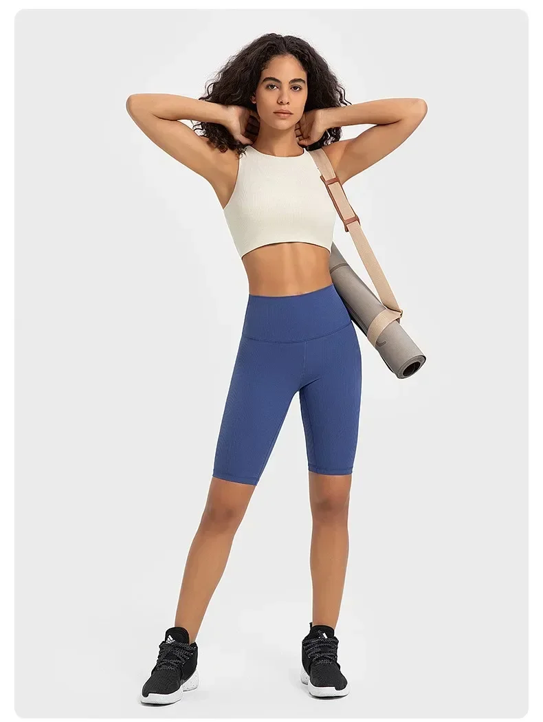 Women Ribbed Leggings 10''Cycling Shorts Hip Lift Yoga Shorts Pants Gym Run Sports Fitness Pants Tight Riding Shorts Women