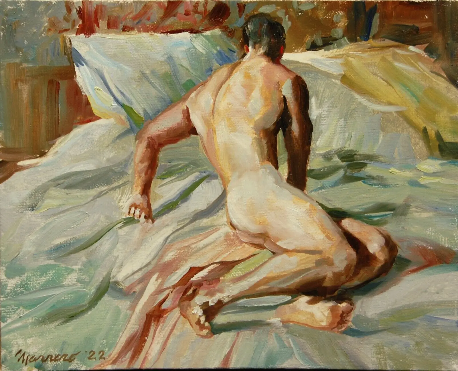 

100%Handmade Oil Painting Nude Male on Bed Figure Painting Oil Canvas