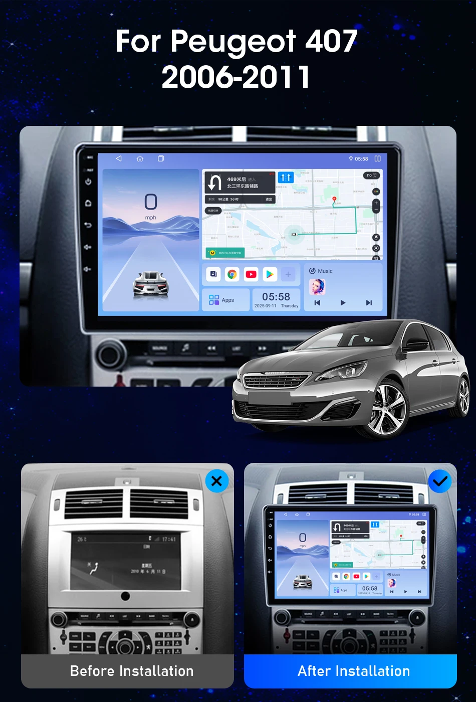 Srnubi Android 14 Autoradio für Peugeot 407 2004 2005 2006 2007 2008 2009 2010 2011 2Din Multimedia-Player Carplay Android Auto – Detail 2