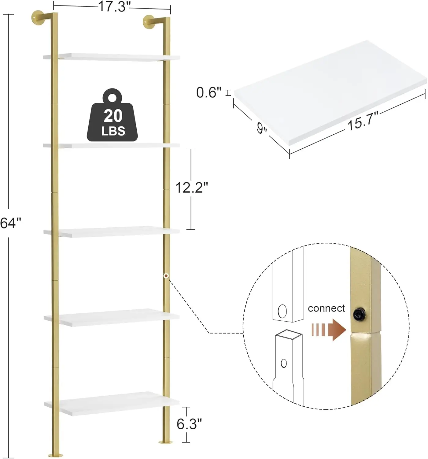 5-Tier Bookshelf. Solid Wood Narrow Bookcase Set of 2. Wall Mount Ladder Shelf. White and Gold.