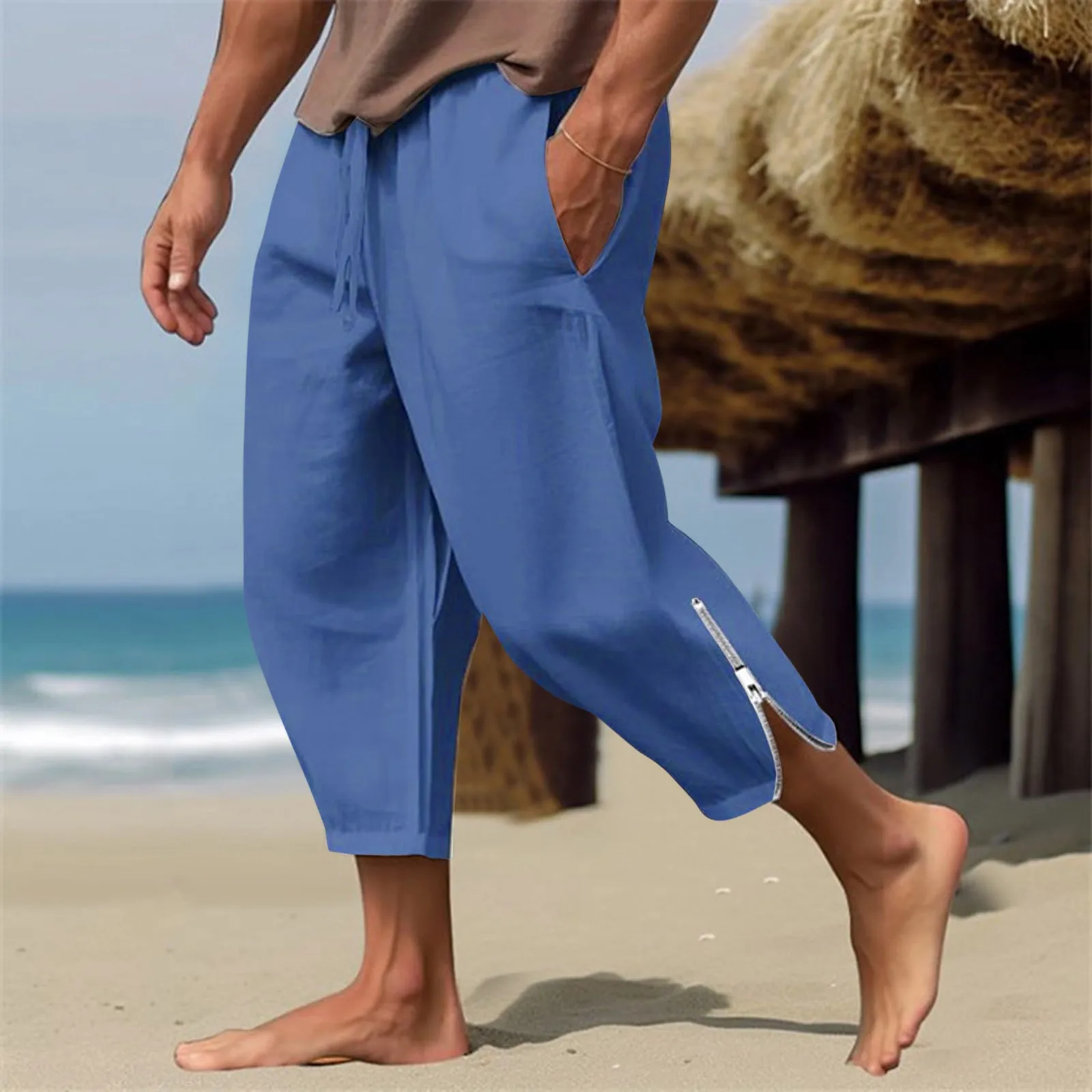 Men'S Linen Pants Summer Beach Pants Drawstring Elastic Waist Zippered Legs Solid Business Casual Trousers Men Little Year
