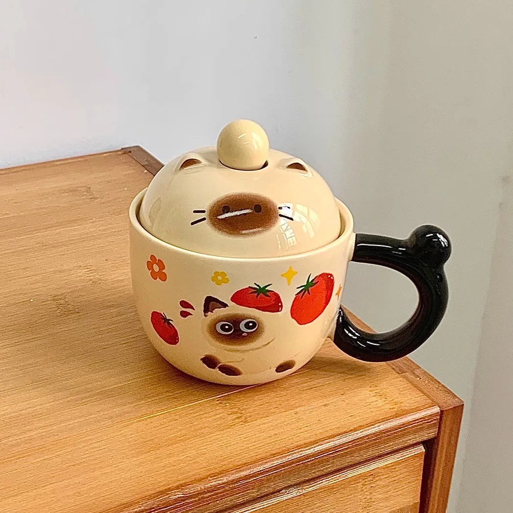 Cute Siamese  Cerc Mugs with Lid Spoon Office Coffee Breakfast Cup Birthday Gift for Women Home Use 380ml Capaci