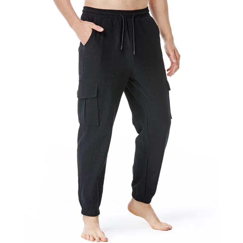 Spring New Large Men's Casual Solid Cotton Hemp Loose Lightweight Elastic Leggings Pants