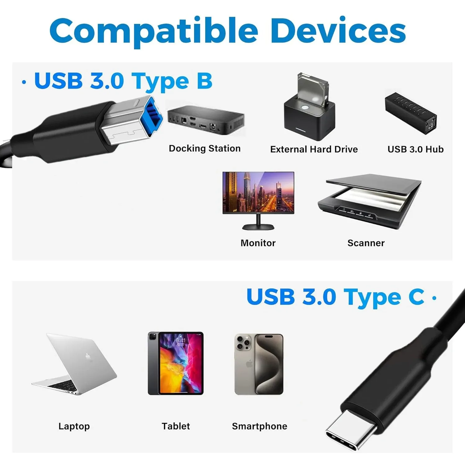High-Speed USB 3.0 Type-C to B Data Cable for Laptops, Docking Stations, and Peripherals