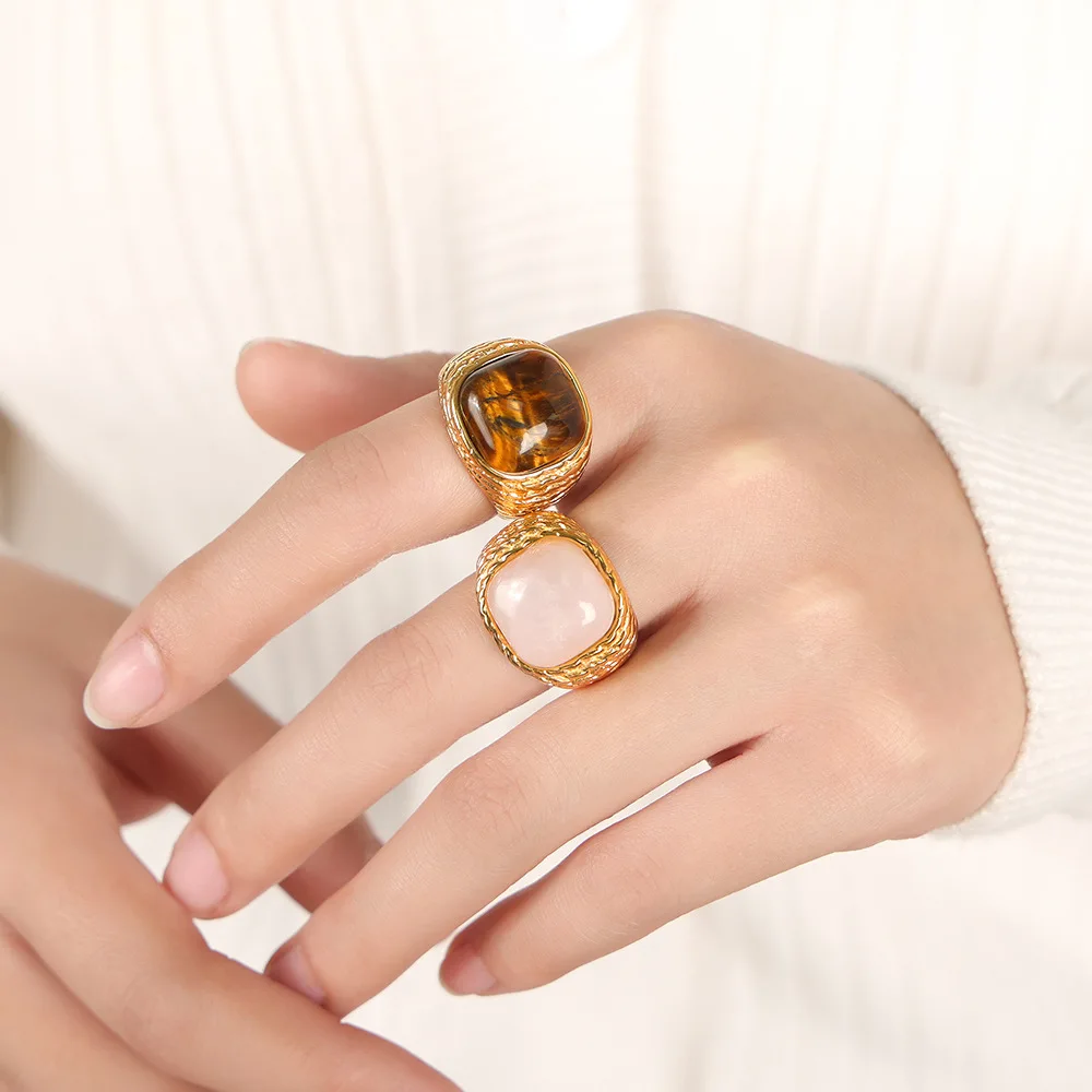 Rosa Kristall ring für Frauen Mode Edelstahl vergoldet Tigerauge Steinring weiblich neuen Sommer wasserdichten Schmuck