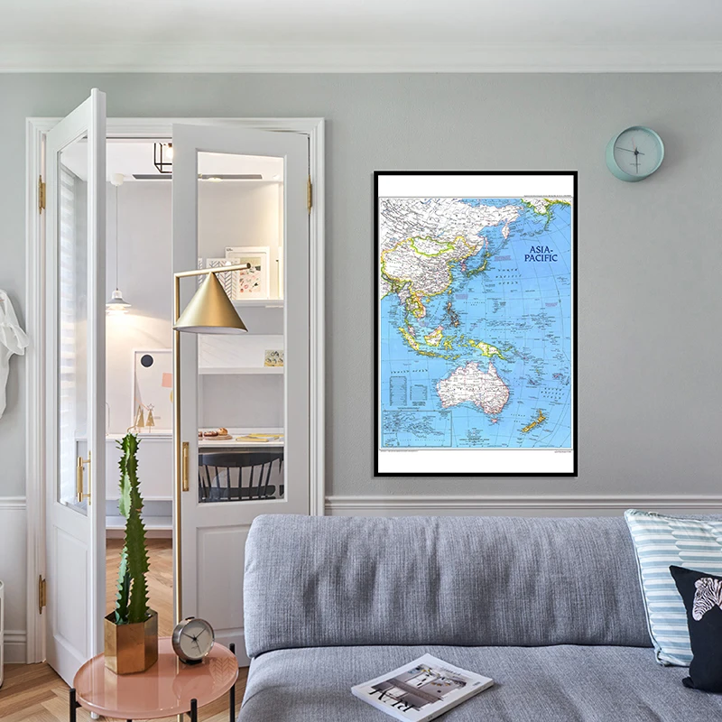 24x36 inches Fine Canvas Hanging Wall Art Painting Printed Map of Asia Pacific For Home Office Decor