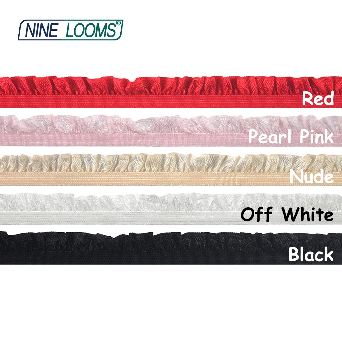 NINE LOOMS Gummibänder mit Rüschen und Spitzenbesatz, 5/8 Zoll, 15 mm, glänzende, gerüschte Spandex-Bänder, Dessous, Tutu, Kleid, Nähen, Basteln, 50, 100 Yard per Spule – Detail 1