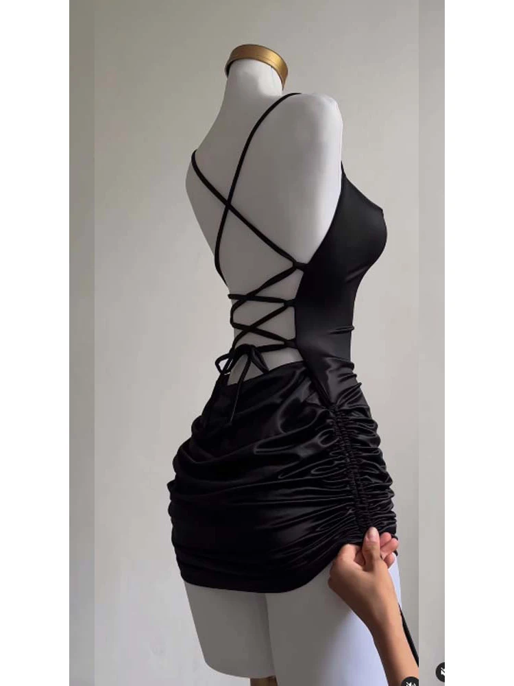 Sexy Satin Lace Up Bodycon Mini Dress Women Sleeveless Backless Party Club Dresses Streetwear Elegant Evening Clothes Black Robe 5