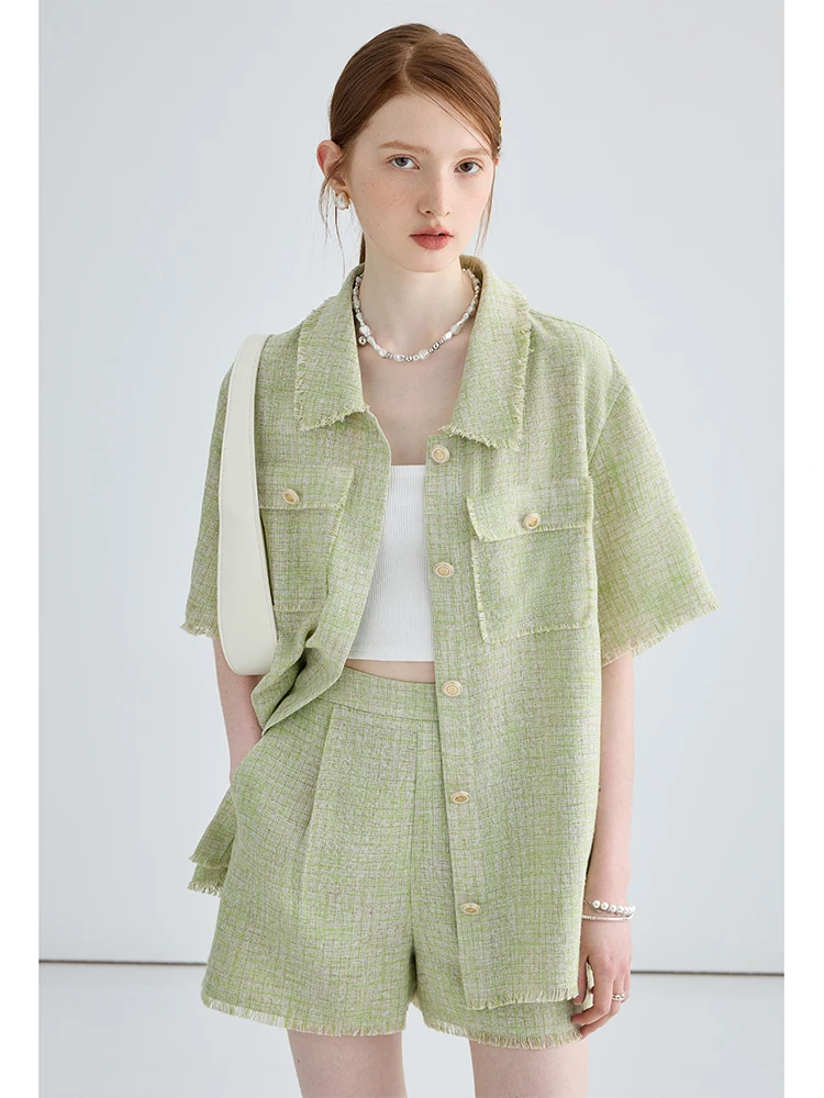 

MOLAN Elegant Woman Luxury Fragrant Sets Tassel New short Sleeve Button Fashion 2 Pieces Female Loose Outwear